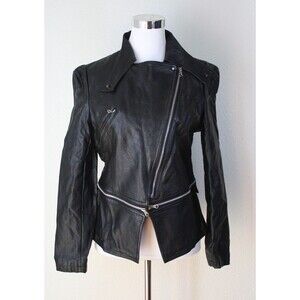 Y2K ANGVNS Matrix Women's Biker Jacket Sz S Black Faux Leather Metal Zip Cyber *